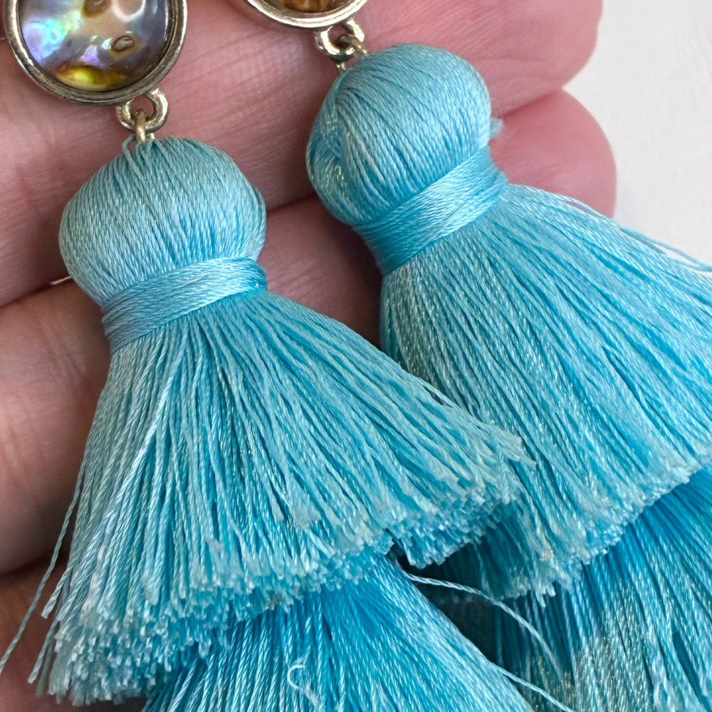 BaubleBar Tassel Earrings Tiered Fringe Turquoise Blue Abalone Shell Statement - Picture 8 of 14